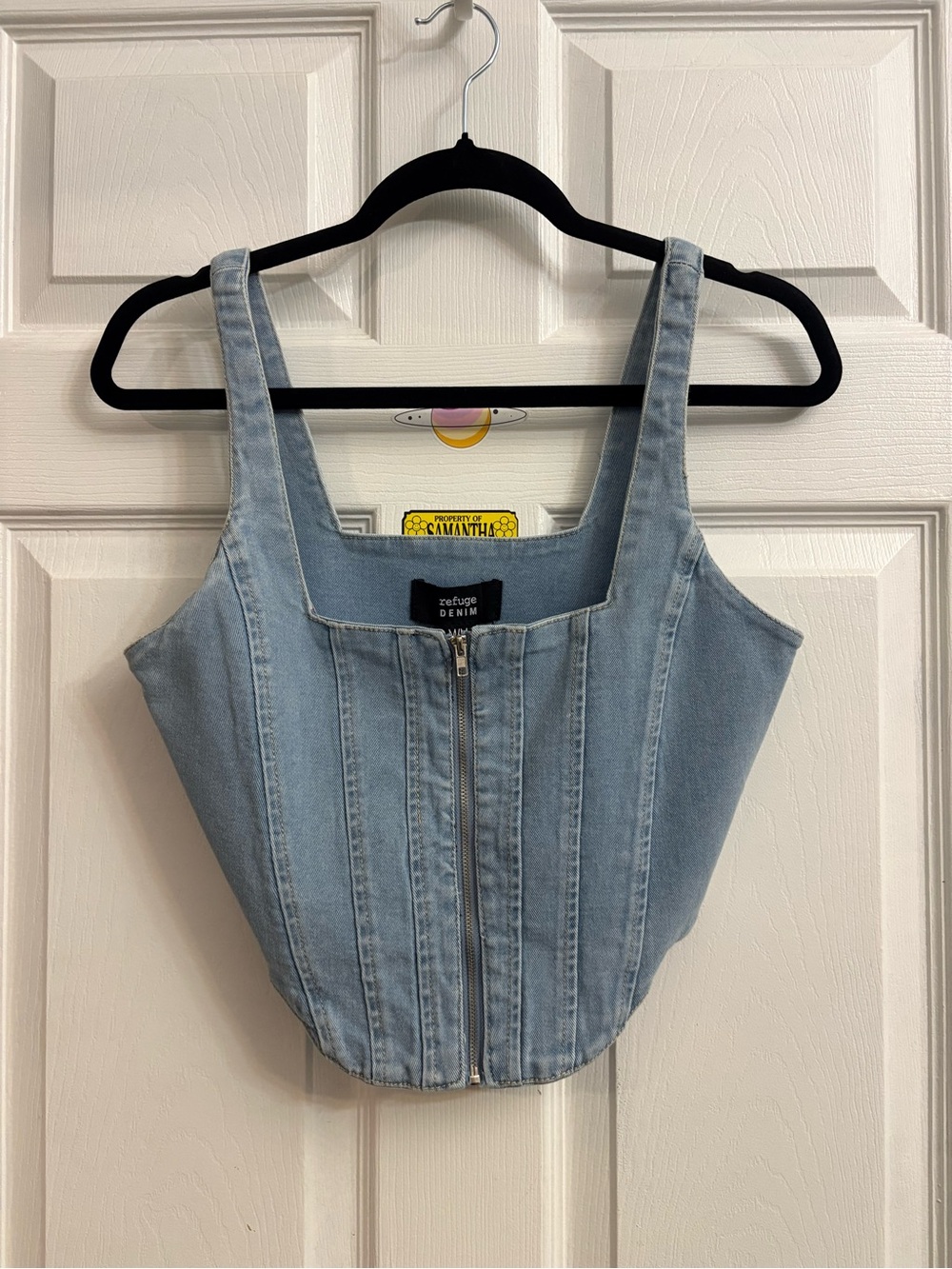 Women's Light Blue Denim Zip Front Crop Top